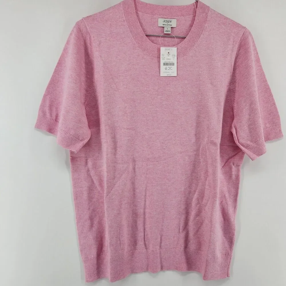 J.CREW Women's Large Pink Short Sleeve Cotton Crewneck Sweater NWT‎
